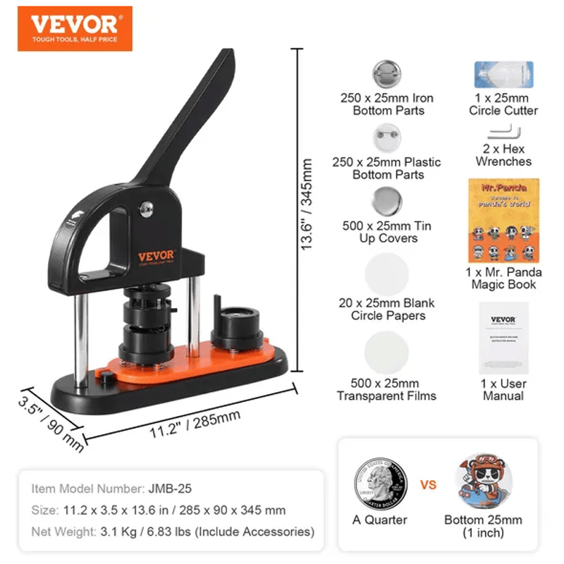 Button Maker Machine, 0.98 Inch 25mm Pin Maker With 500pcs Button Parts, Button Maker With Panda Magic Book, Ergonomic Arc Handle Punch Press Kit, F_voghion.com