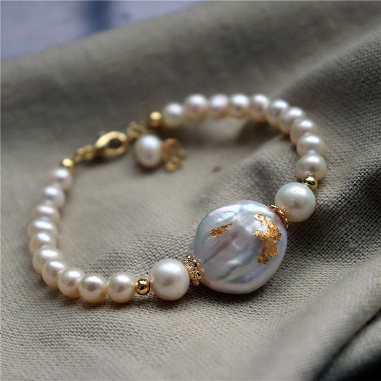 Bracciale di perle d'acqua dolce barocche colorate in foglia d'oro SUU Designer_voghion.com