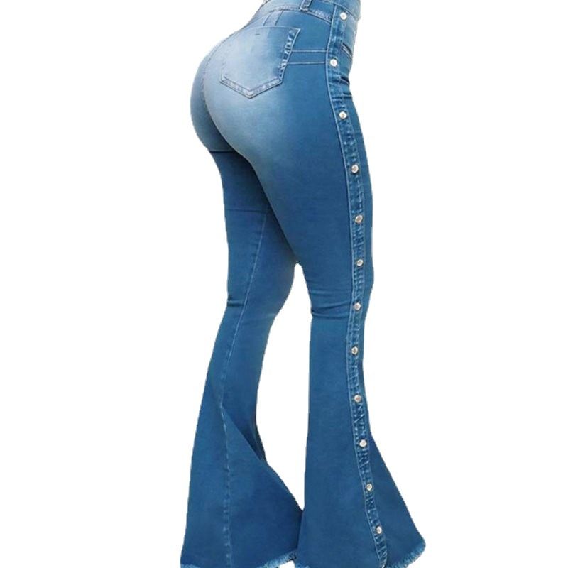 High waist elastic mop flared jeans ladies trousers_voghion.com