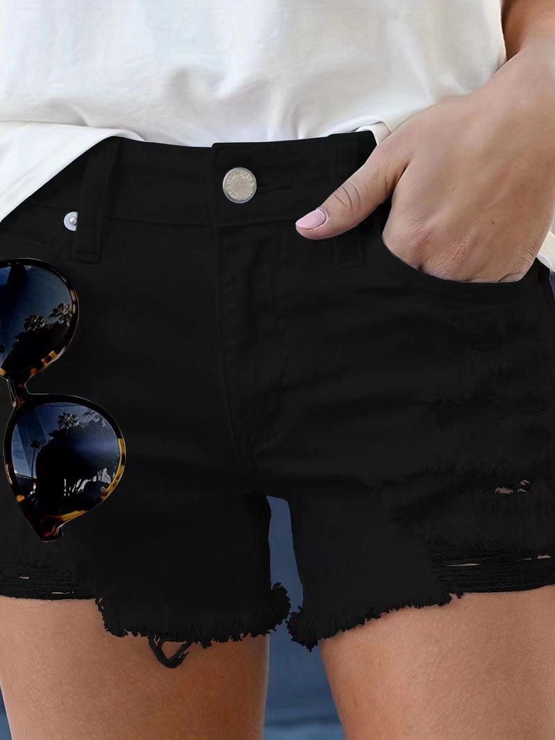 Pantaloni scurți rupți la modă pentru femei, blugi spălați cu talie înaltă_voghion.com