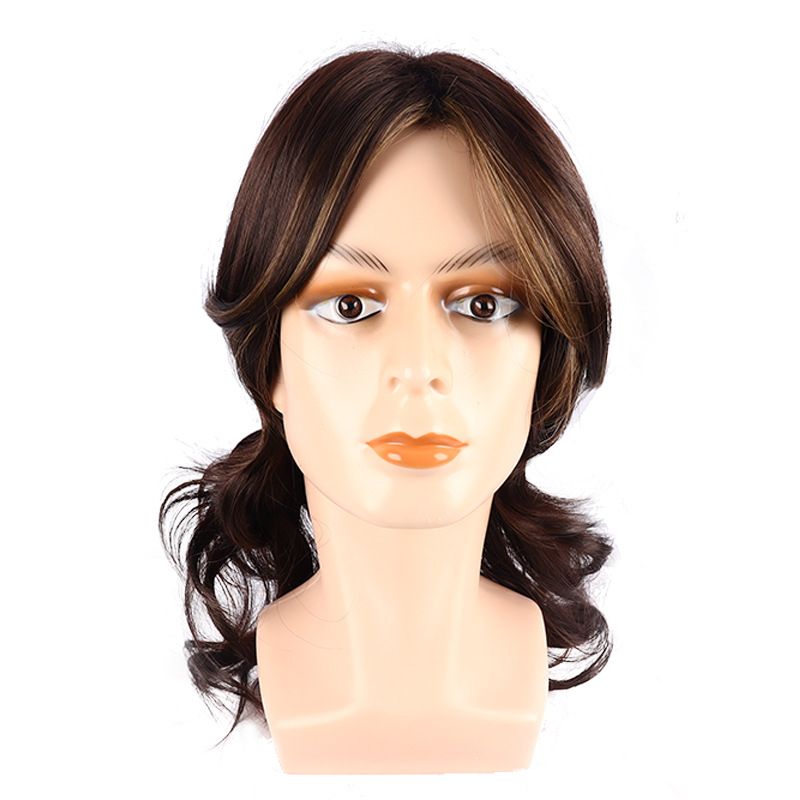 Synthetische Clip-in-Perücke für Herren, braun, mittellang, lockiges Haar, volle Kopfbedeckung, mehrschichtig, flauschig, natürliche Perücke_voghion.com