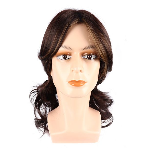 Synthetische Clip-in-Perücke für Herren, braun, mittellang, lockiges Haar, volle Kopfbedeckung, mehrschichtig, flauschig, natürliche Perücke_voghion.com