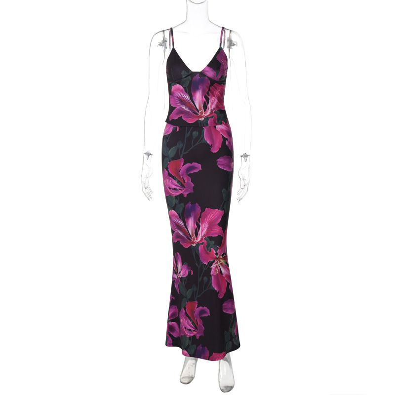 Abbigliamento femminile europeo e americano 2024 estate nuova moda stampa sexy scollo a V piccolo gilet gonna sottile vestito all'ingrosso_voghion.com