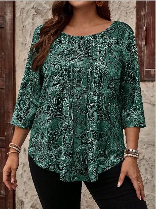 Plus Size Women's Paisley Print Long Sleeve Button-Down Blouse - Loose Fit Casual Tunic Top For Autumn & Winter (Green, Grey)_voghion.com