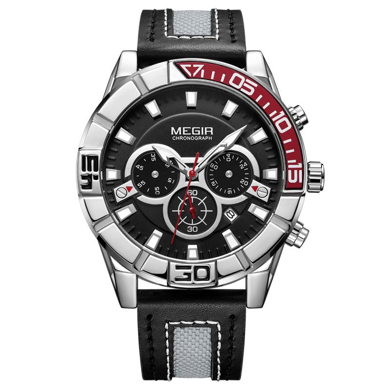 Men's Rotating Bezel Waterproof Luminous Chronograph Leather Strap Sport Watch With Date Display_voghion.com