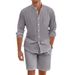Herren Sommer Leinen Button Up Hemd Langarm Shorts Strickjacke Casual Loose Beach Suit Männer_voghion.com