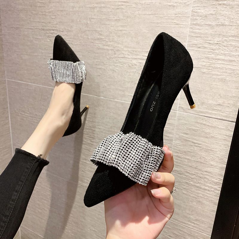 Sapatos de salto alto francês feminino novo dedo do pé apontado stiletto preto strass moda estilo fada nicho temperamento único_voghion.com