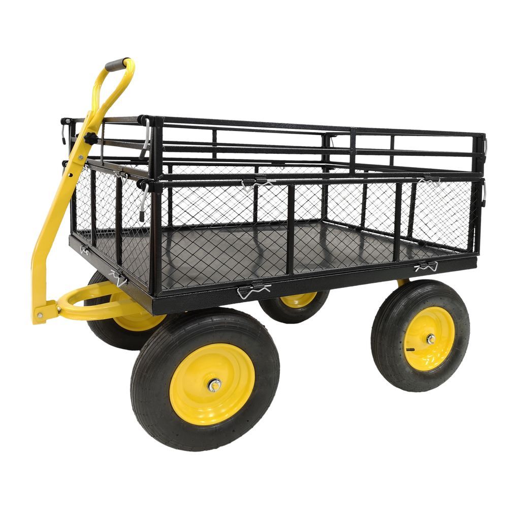 Heavy Duty Steel Garden Cart With Removable Mesh Sides To Convert Into Flatbed, Utility Metal Wagon With 2-in-1 Handle And 16 In Tires, Perfect For_voghion.com