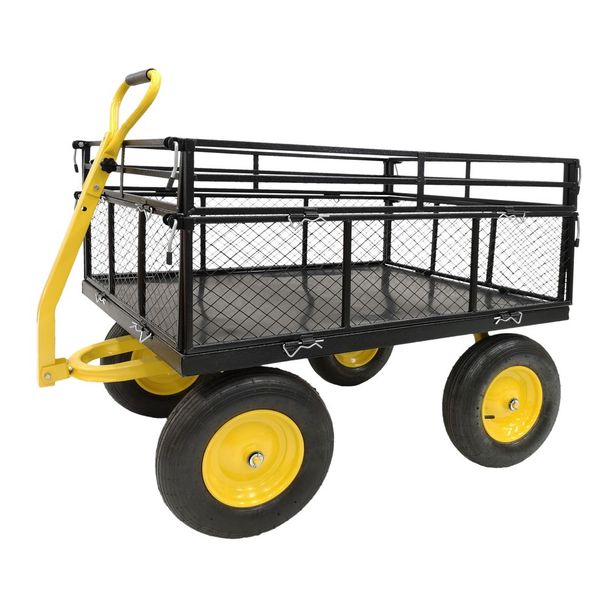 Heavy Duty Steel Garden Cart With Removable Mesh Sides To Convert Into Flatbed, Utility Metal Wagon With 2-in-1 Handle And 16 In Tires, Perfect For_voghion.com