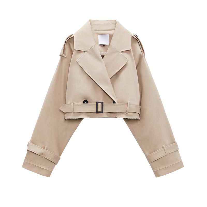 Women‘s Autumn New Long Sleeved Lapel Fashion Double-breasted Button Closure Front Pockets Trench Coat Cropped Jacket Chic Tops_voghion.com