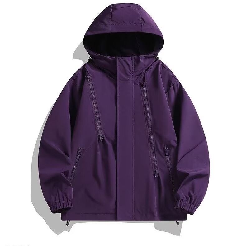 Giacca con cappuccio casual antivento impermeabile con cerniera tinta unita primaverile e autunnale con giacca softshell_voghion.com