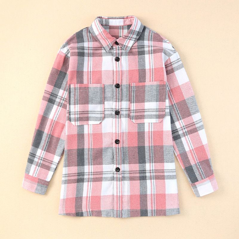  Damen-Rosa-Karo-Hemd, Damen-Frühlings- und Herbst-Knopftaschen-Hemd, neues Damen-Top_voghion.com