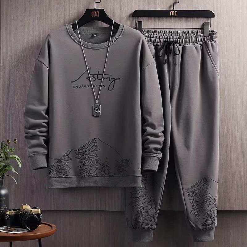 Herrenbekleidung Snow Mountain Langarm-Pullover-Anzug Herren Herbst Neuer dünner Baumwoll-Rundhalspullover Modischer Wasserzeichen-Zweiteiler-Anzug_voghion.com