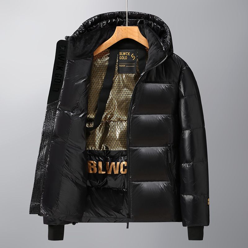 Giacca invernale da uomo, piumino corto con cappuccio, piumino d'anatra con potere riempitivo 550, antivento e lavabile in lavatrice, vestibilità slim, nero e oro_voghion.com