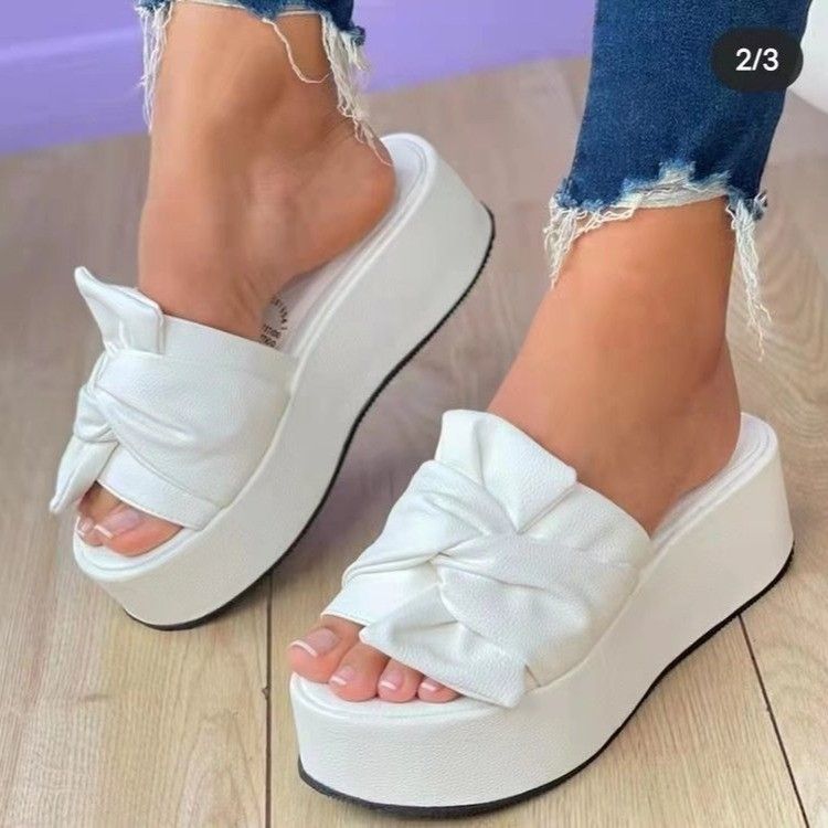 Große einfarbige Plateau-Flip-Flops mit Schleife für Damen, dicke Sohle, Strandsandalen für den Außenbereich_voghion.com