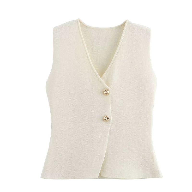 2024 Autumn Women's New Style Gold Button Knitted Vest 8726_voghion.com