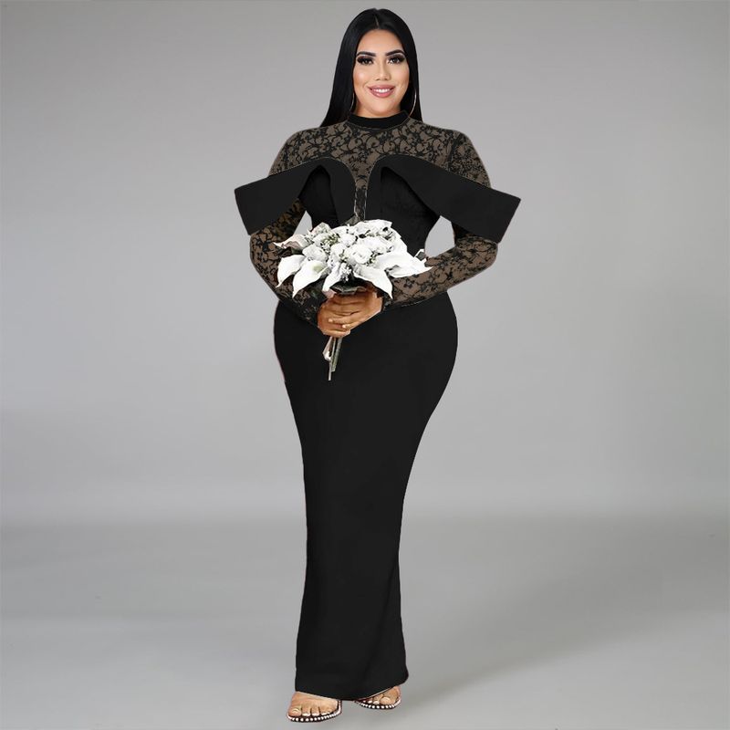 Dames Plus Size Temperament Jurk Splicing Mesh Heup-omwikkelde Slanke Jurk Verjaardagsjurk_voghion.com