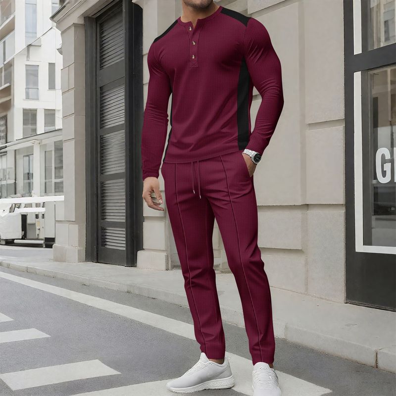 ​​Herren-Henley-Set mit Waffelstrick-Hemd und -Hose – Langarm, hoher Kragen, Zweiknopfleiste, lässiges Outfit für den Herbst (Khaki/Weiß/Grau/Burgund/Dunkelgrün)_voghion.com