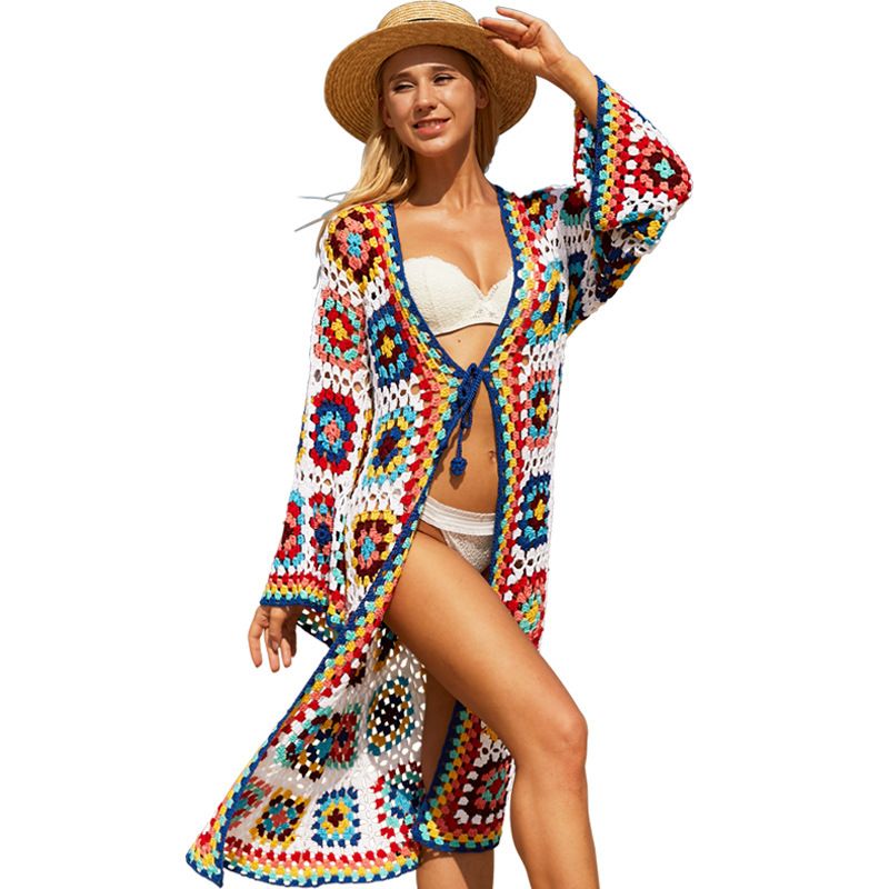 Trendy Style Colorful Long Elastic Crochet Beach Coat Hollow Party Open Front Dress_voghion.com