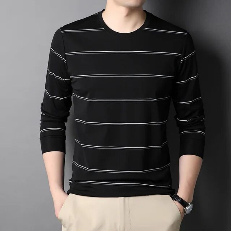 Top Grade Mulberry Seide 5.2% Neue Mode Marke Gestreiften 2023 Designer Luxus Männer T Shirt Langarm Tops Casual Herren Kleidung_voghion.com
