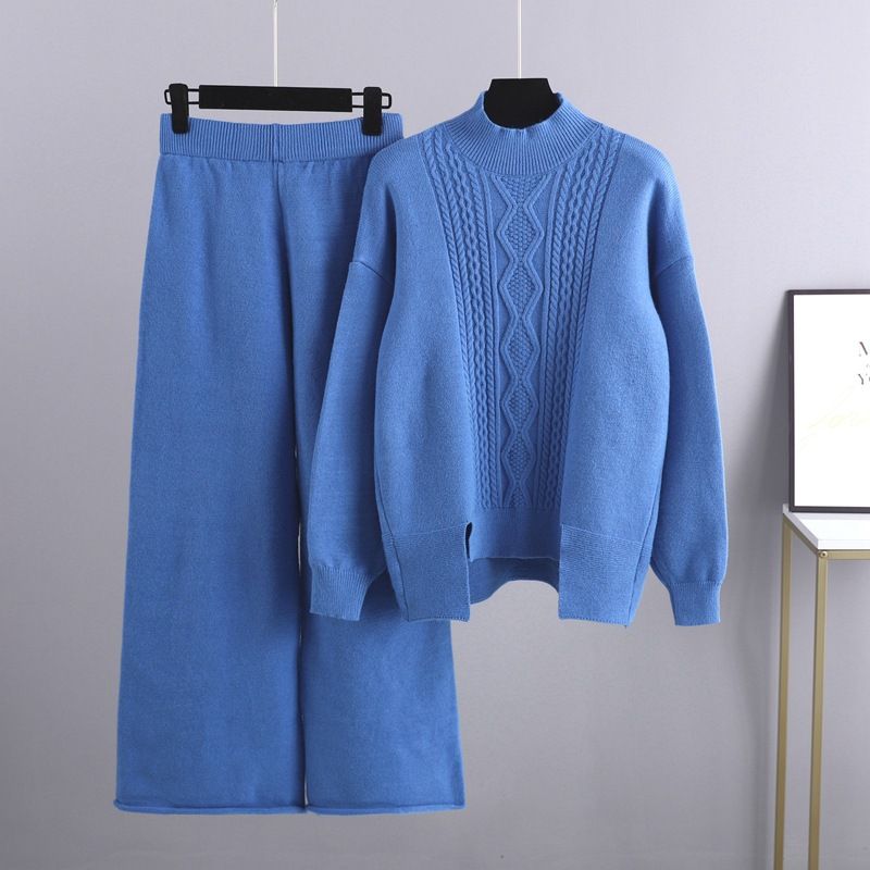 Damenbekleidung, schmaler Strickanzug, Damen, verdickt, lockerer Rollkragenpullover, Hose mit weitem Bein, zweiteilig, trendig_voghion.com