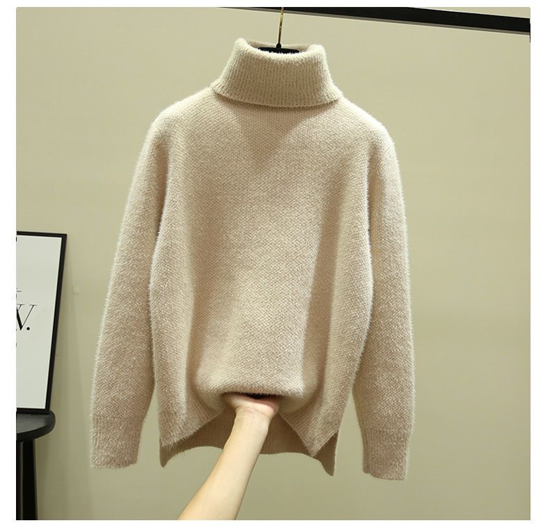 Women's Clothing Autumn And Winter New Thickened Solid Color All Matching Mink Pullover Sweater Women's Turtleneck Loose Wear Bottom Knitwear_voghion.com
