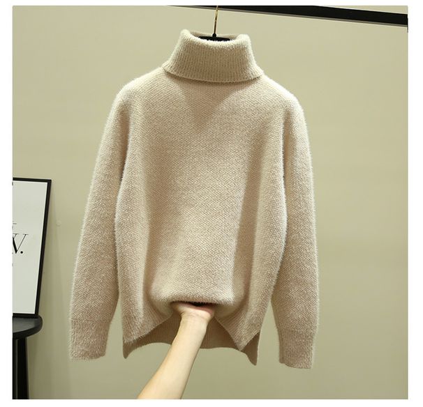 Women's Clothing Autumn And Winter New Thickened Solid Color All Matching Mink Pullover Sweater Women's Turtleneck Loose Wear Bottom Knitwear_voghion.com
