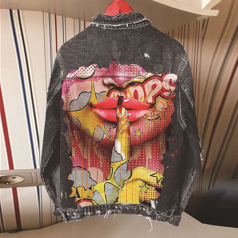 Colorful Finger Printing Fashion Denim Jacket Coat Casual_voghion.com
