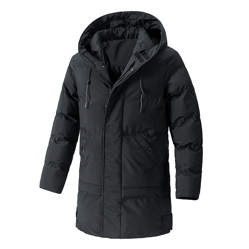 Piumino con cappuccio di media lunghezza da uomo – Cappotto invernale oversize con rivestimento in misto cotone (nero/grigio/verde militare)_voghion.com