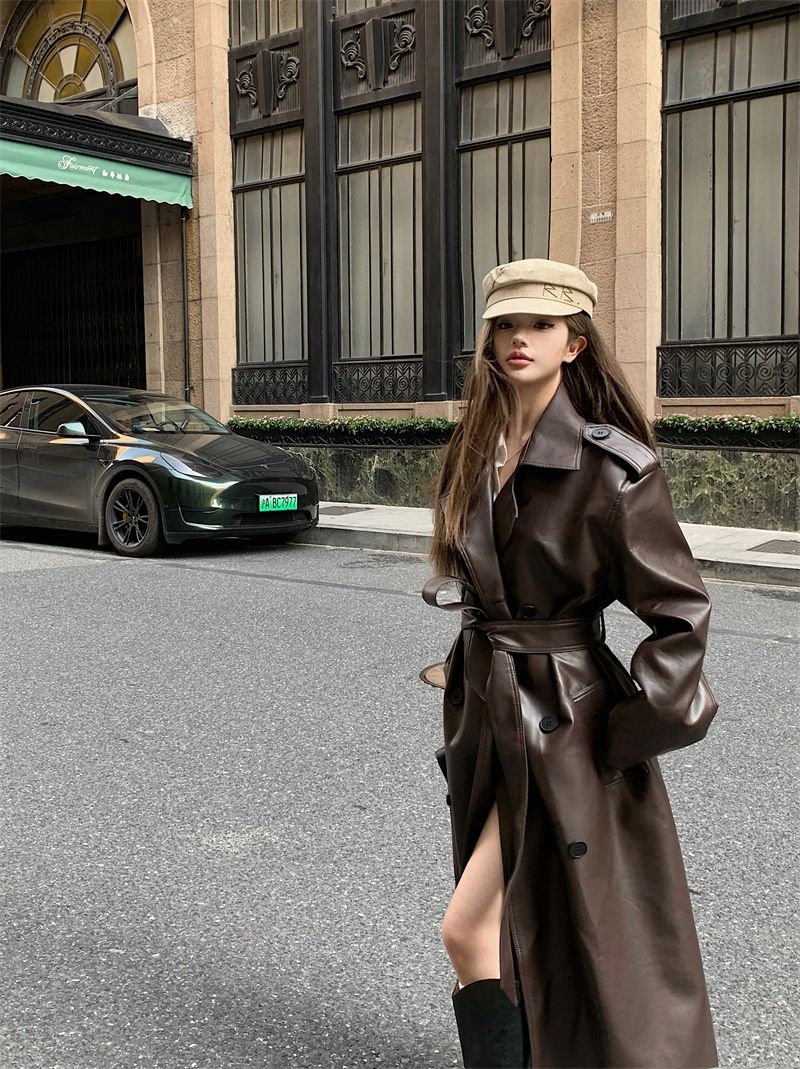 Retro mittellange Overknee-Jacke, hochwertige Damen-Windjacke aus lockerem Leder_voghion.com