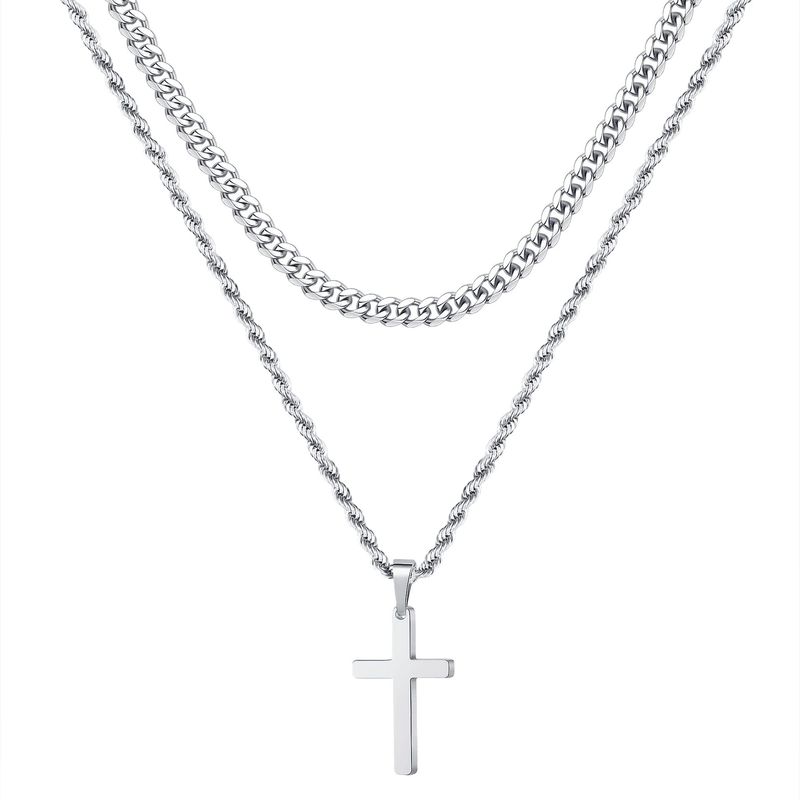 Collana con ciondolo a più strati sovrapposti in acciaio inossidabile con croce in vero oro da uomo, molto venduta_voghion.com