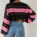 Contrast Striped Off Shoulder Knit Sweater, Short Cut With Exposed Navel Pullover, Long Sleeved Sweater_voghion.com