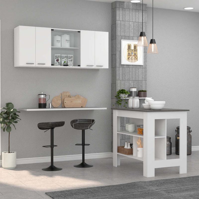 Norfolk 2 Piece Kitchen Set, Kitchen Island + Upper Wall Cabinet , White /Walnut_voghion.com