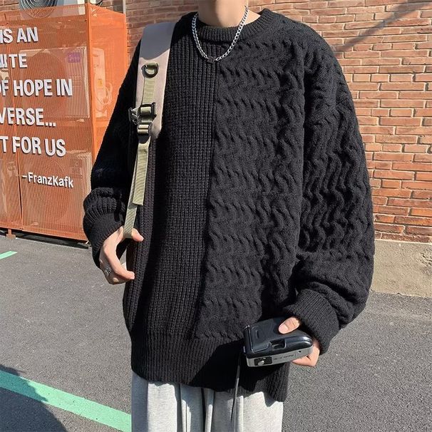 Herrenbekleidung Grobstrickpullover für den Winter, schweres Design, Nische, lockerer Rundhalsausschnitt, Lazy-Style, All-Match-Strickpullover_voghion.com