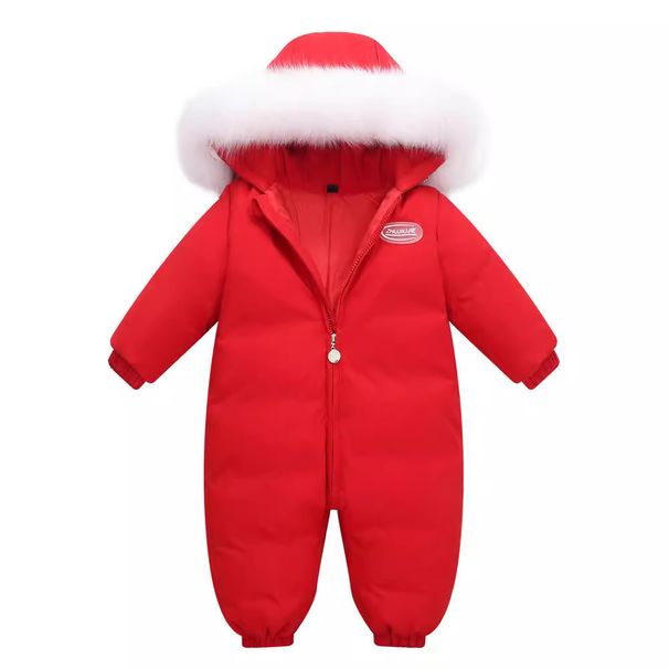 Macacão de inverno com capuz e acolchoado para bebês meninos e meninas - Macacão de neve com forro de lã macia para crianças pequenas (80-110 cm) - Azul/Vermelho com Cinza/Branco_voghion.com