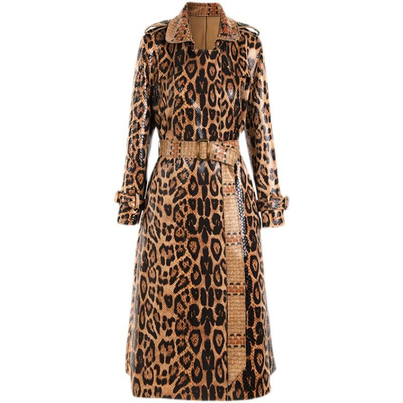 Damenbekleidung Spot Frühling und Herbst Schlangenhaut Leopardenmuster Lange Windjacke Göttin Langarm Leder Top Jacke Damen Mantel Rock_voghion.com