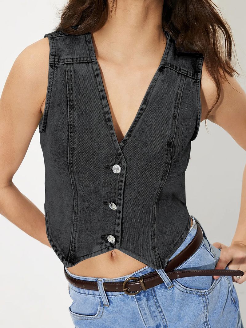 Women's Clothing INS New Ladies V Neck Denim Vest_voghion.com