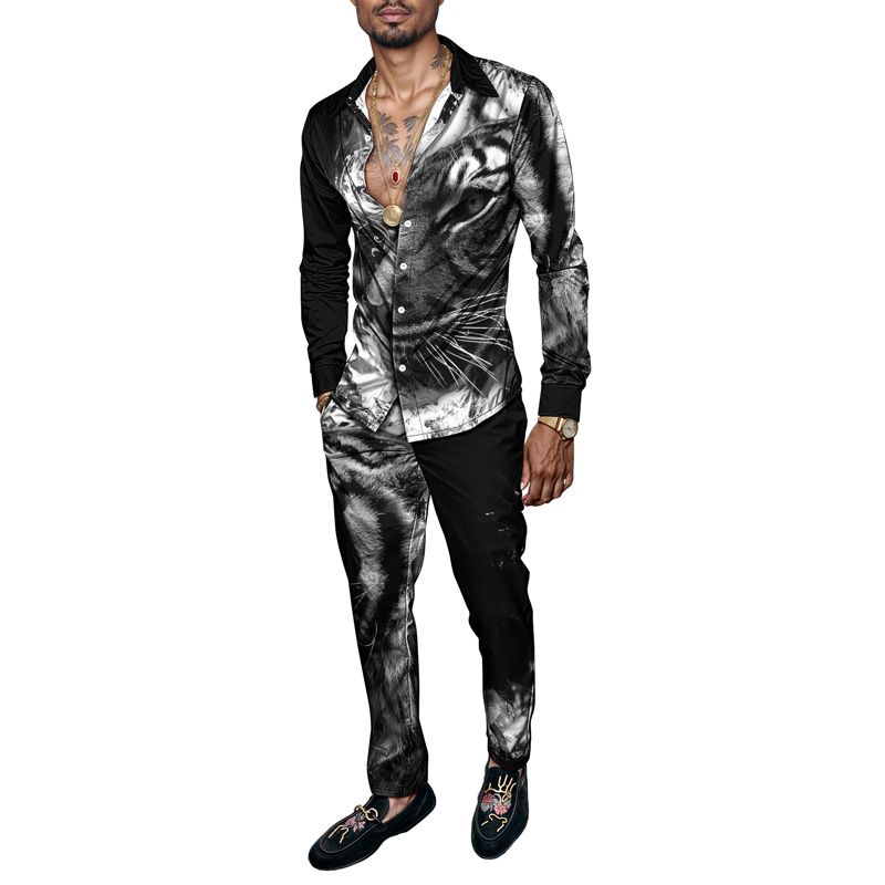 2025 Frühling Sommer Männer Shirt Set Tiger Print Mode Druck Zweiteiler Herren Leichte Party Langarm Anzug Neu_voghion.com
