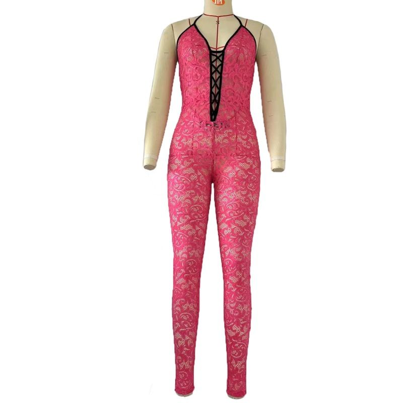 Women Hollow out contrasting color suspender slim fit backless spicy girl jumpsuit_voghion.com