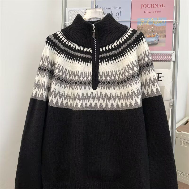 Vintage Fair Isle Half-Zip Wool Sweater - Cozy Oversized Knit Pullover For Men & Women, Warm Loose Fit Casual Winter Wear (Brown, Grey, Black)_voghion.com