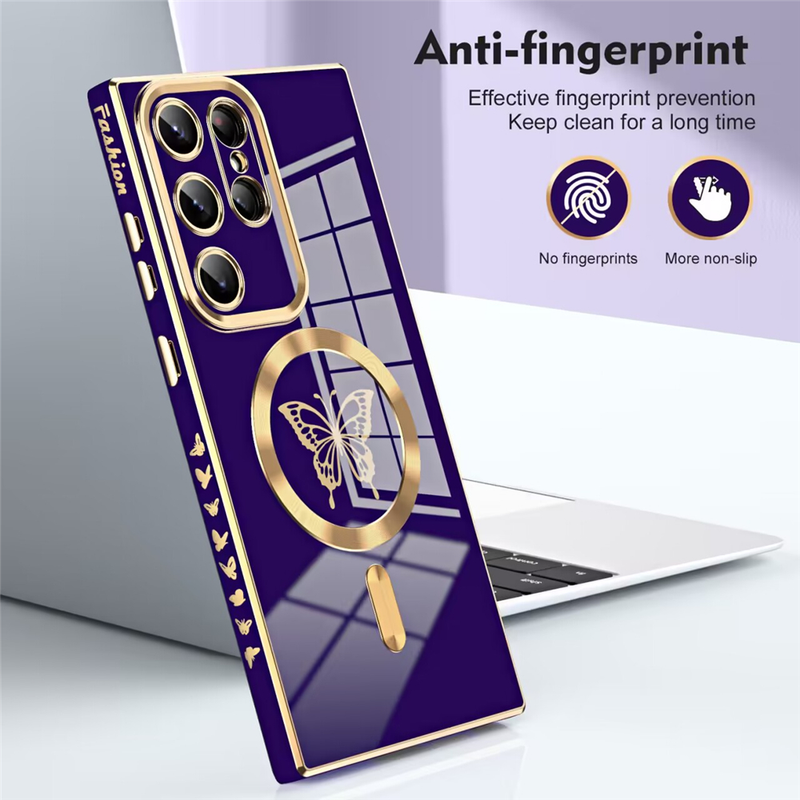 Luxury Electroplate Magnetic Butterfly Case For Samsung S23 Ultra S22 S21 Plus For Magsafe Wireless Charging Soft Silicone Cover_voghion.com