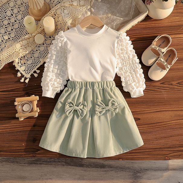 "3D-top met bubbelmouwen en A-lijn rok met strik voor meisjes - Zachte katoenen speeloutfit voor peuters (3-7 jaar)"_voghion.com