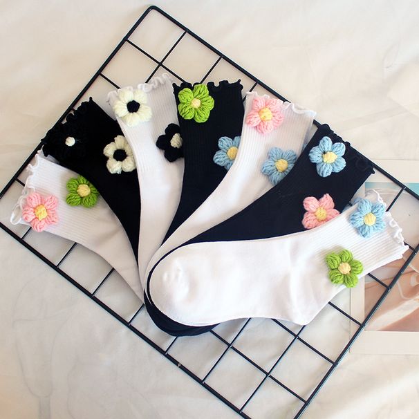 Calzini fatti a mano con fiori per donna, calzini con fiori in lana arricciata, calzini caldi a metà tubo per autunno e inverno, calzini sportivi per studenti_voghion.com