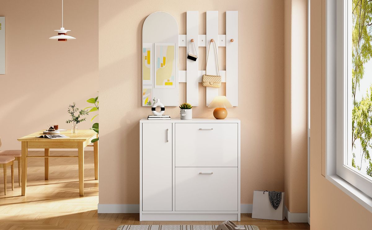 Meuble à chaussures avec portes battantes et coulissantes, rangement d'entrée avec miroir et crochets, étagère à chaussures blanche pour petits couloirs, rangement de salon_voghion.com