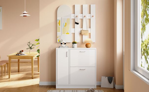 Meuble à chaussures avec portes battantes et coulissantes, rangement d'entrée avec miroir et crochets, étagère à chaussures blanche pour petits couloirs, rangement de salon_voghion.com