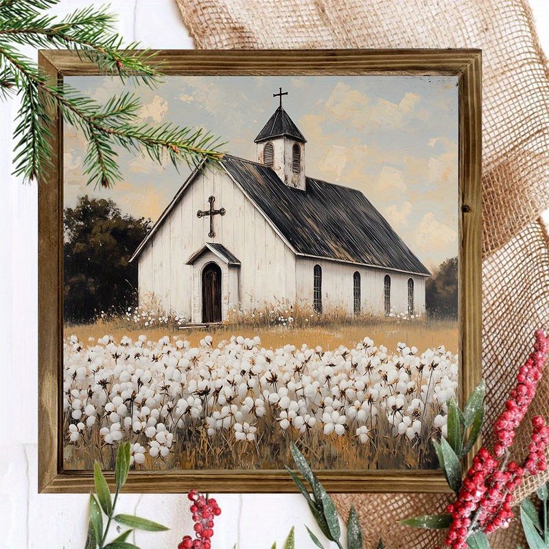 8x8" Rustic Church Wood Sign - Pastoral Scene With White Flowers, Farmhouse Wall Art For Living Room/Office, Warm Earthy-Toned Holiday Gif_voghion.com