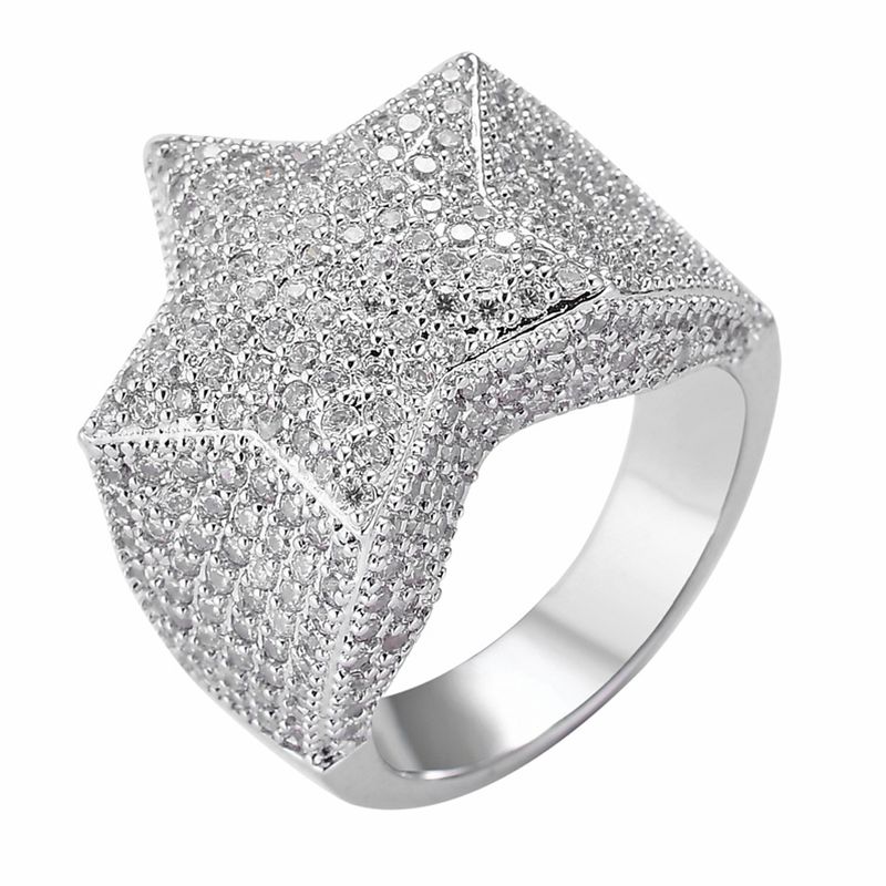 Five Pointed Star Ring With True Gold Electroplated Micro Set Zircon Hip Hop Men's StarRing_voghion.com