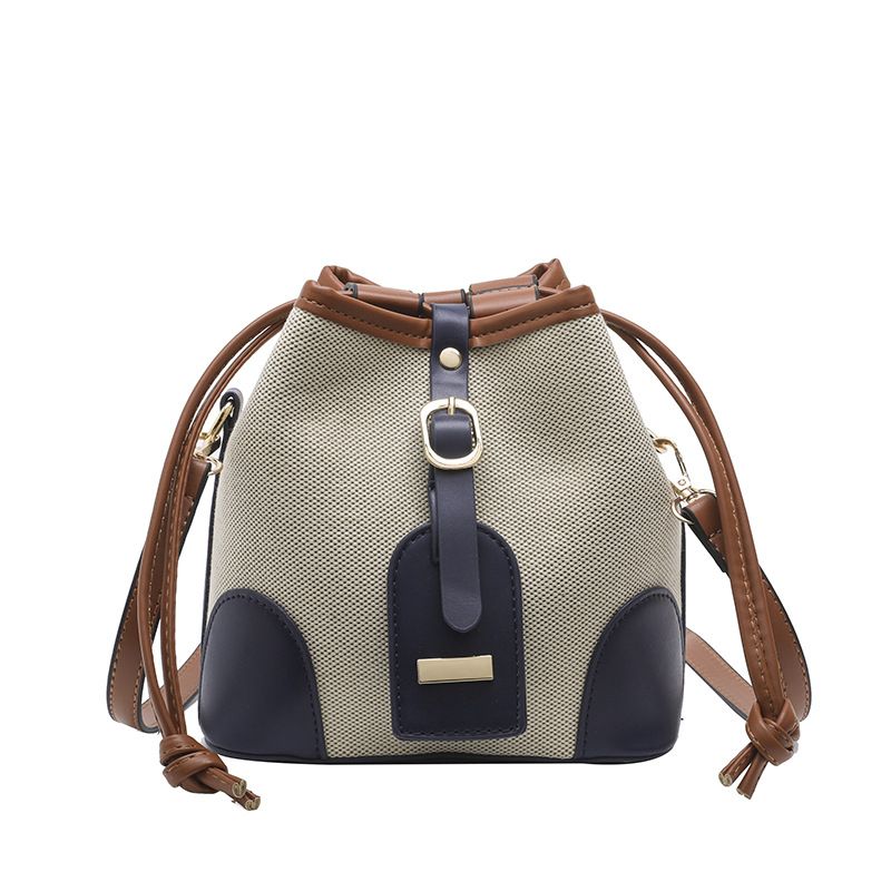 Borsa a secchiello da donna, borsa a secchiello a mano, borsa a tracolla di alta qualità in tela con coulisse a contrasto_voghion.com