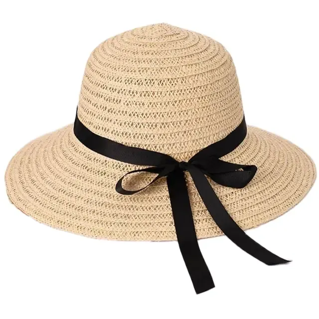 Cappello da spiaggia pieghevole alla moda per donna, tesa larga, ombreggiatura, protezione solare, fiocco estivo, 1_voghion.com