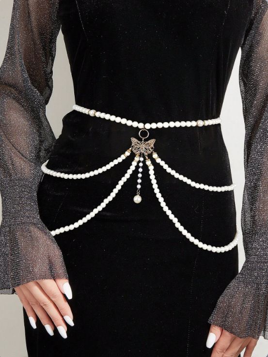 Perlen-Taillenkette mit Schmetterlingsanhänger, rein handgefertigt, exquisite Taillenkette, Gürtel-Körperkette_voghion.com